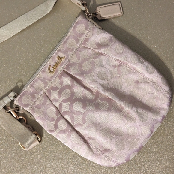 Coach Handbags - Coach Signature Pink Leather & Canvas Crossbody Swingpack